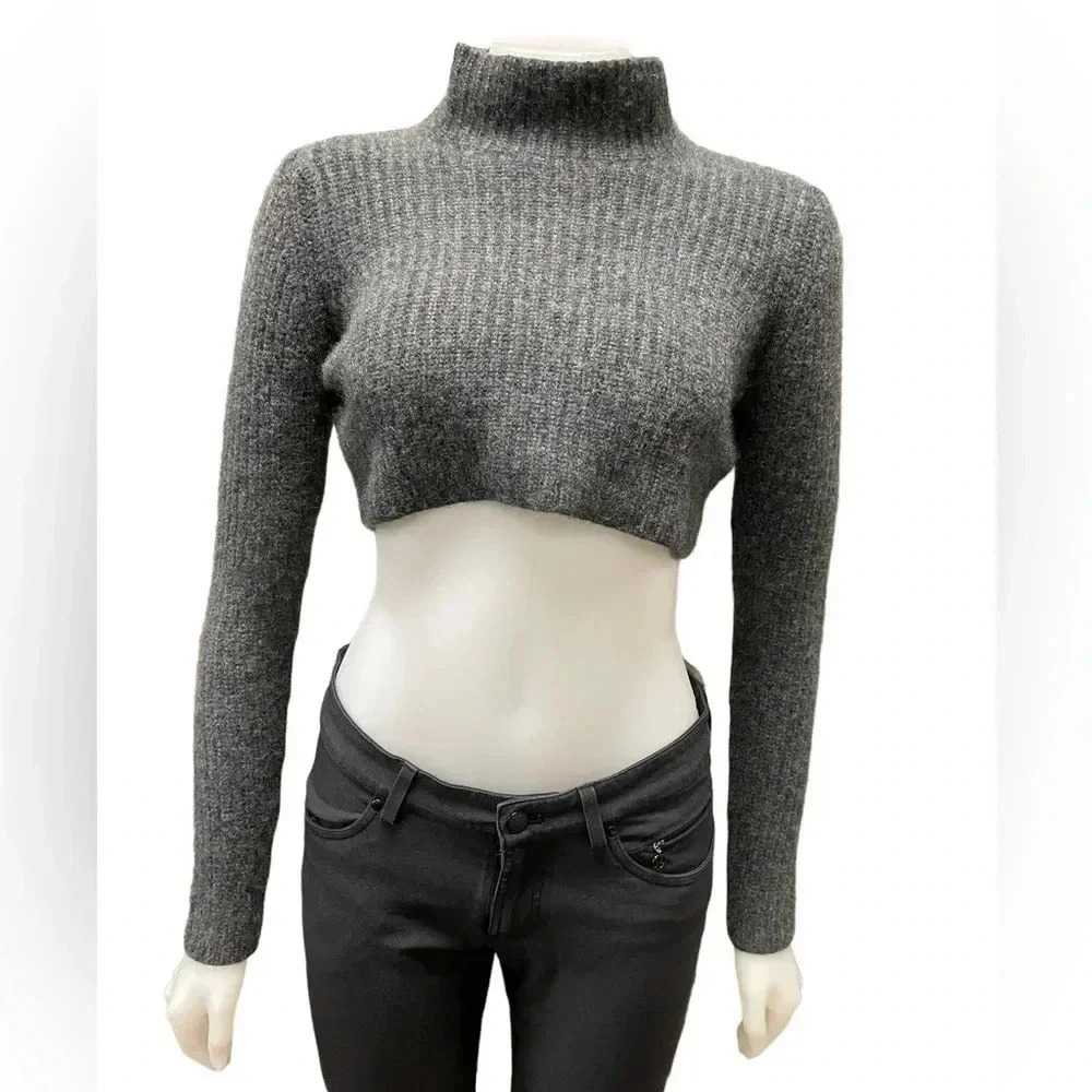 Elie Tahari Grey Cropped Mock Neck Sweater